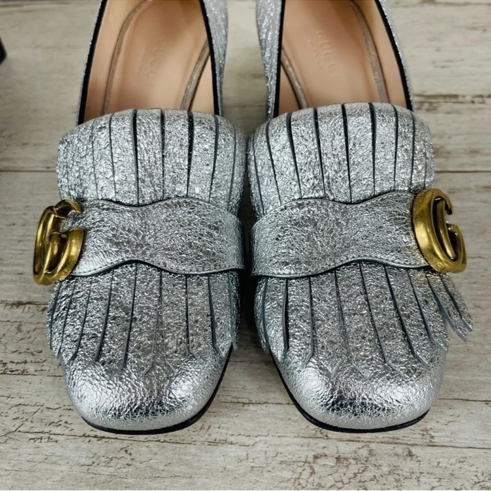 Gucci NEW Size 34 Metallic Silver Marmont GG Fringe Mid Heel Loafer Shoe Pump - Picture 4 of 14